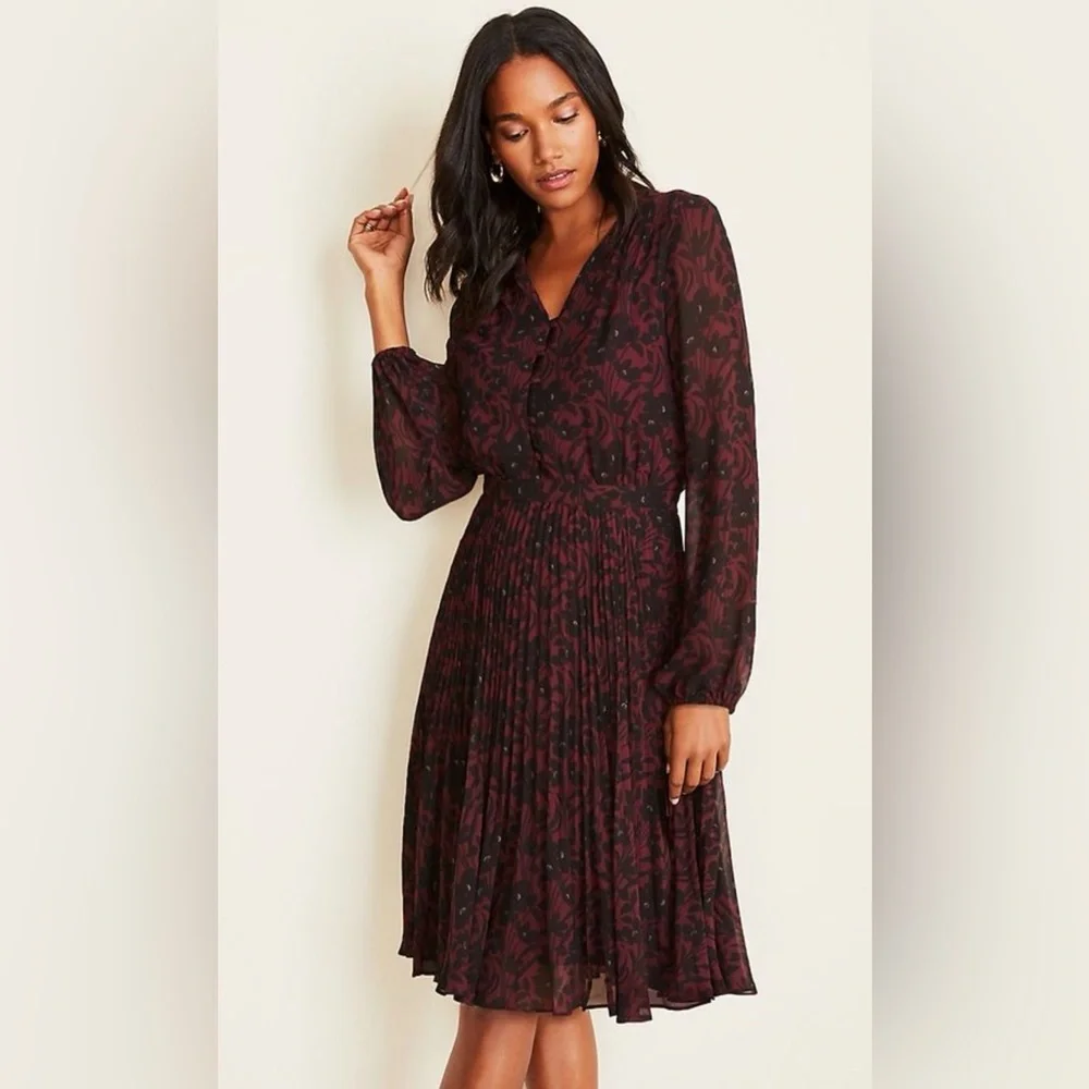 Ann Taylor Burgundy and Black Floral Long Sleeve Dress
